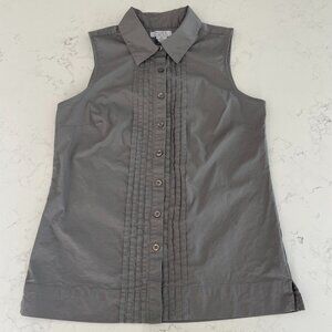 Pure Alfred Sung Sleeveless Button Down Pleat Detailed Cotton Blouse Grey Sz S